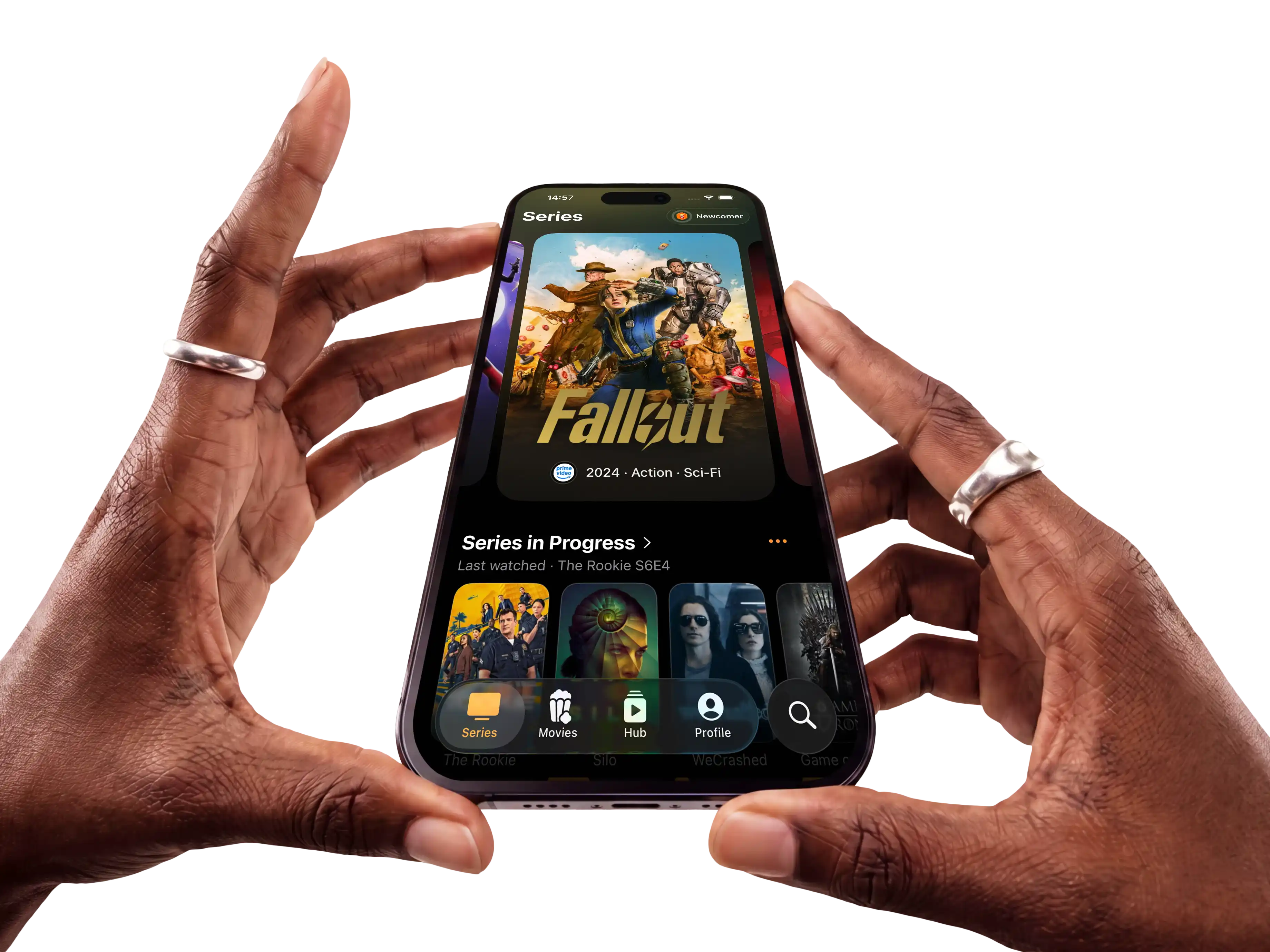 Two hands holding an iPhone showing the Nachos series screen with Fallout featured and shows in progress below
