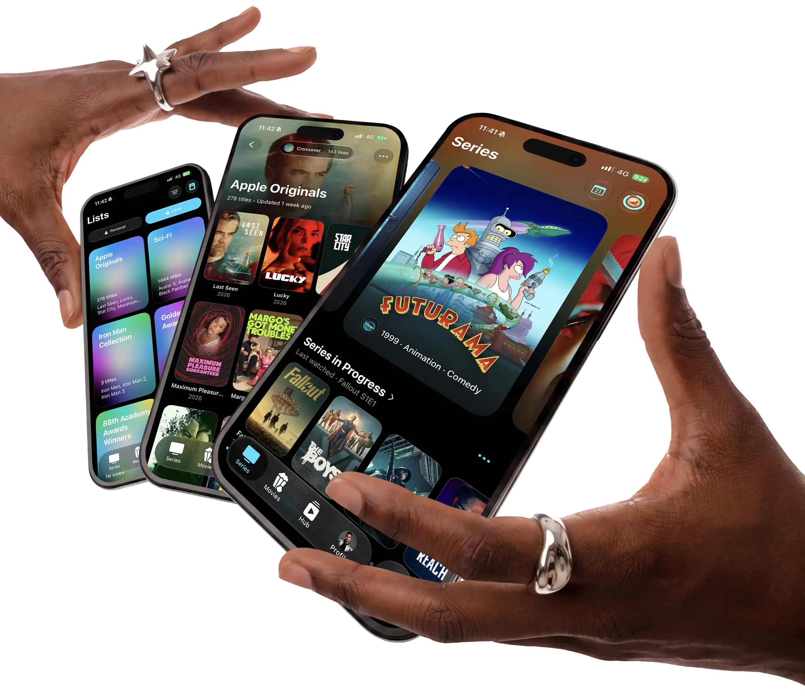 Nachos displayed across three iPhones held in hand